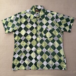 Vintage Arrow Shirt Mens XL Green Dice Argyle Print Retro Disco Style 70s